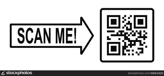 Scan me concept. QR code icon in square frame with pointing arrow. Template of quick responce matrix barcode. Mobile phone camera readable digital tag. Vector graphic illustration. Scan me concept. QR code icon in square frame with pointing arrow. Template of quick responce matrix barcode. Mobile phone camera readable digital tag
