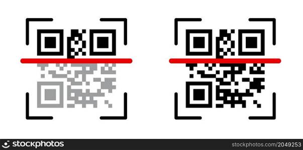 Scan me, QR code scanning icon. Mobile phone qr code payment, E wallet, cashless, info concept or scanner labeled information identity products. Flat vector pixel pictogram sign.
