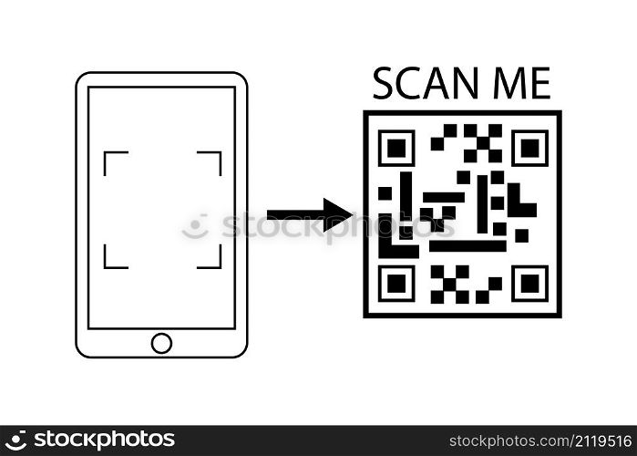 Scan me sign. Arrow element. Smartphone symbol. Qr code icon. Modern technology. Vector illustration. Stock image. EPS 10.. Scan me sign. Arrow element. Smartphone symbol. Qr code icon. Modern technology. Vector illustration. Stock image.