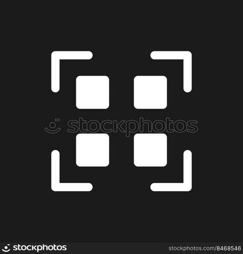 Scan qr code dark mode glyph ui icon. Decode digital information. User interface design. White silhouette symbol on black space. Solid pictogram for web, mobile. Vector isolated illustration. Scan qr code dark mode glyph ui icon