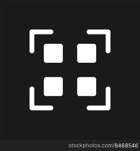 Scan qr code dark mode glyph ui icon. Decode digital information. User interface design. White silhouette symbol on black space. Solid pictogram for web, mobile. Vector isolated illustration. Scan qr code dark mode glyph ui icon