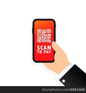 Scan QR code to pay with Mobile phone. Smartphone scanning QR-code. Barcode Verification. Scanning tag, generate digital pay without money. Scanning barcode with telephone. vector