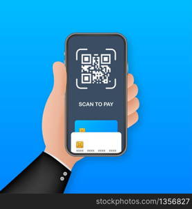 Scan to pay. Smartphone to scan QR code on paper for detail, technology and business concept. Vector stock illustration. Scan to pay. Smartphone to scan QR code on paper for detail, technology and business concept. Vector stock illustration.