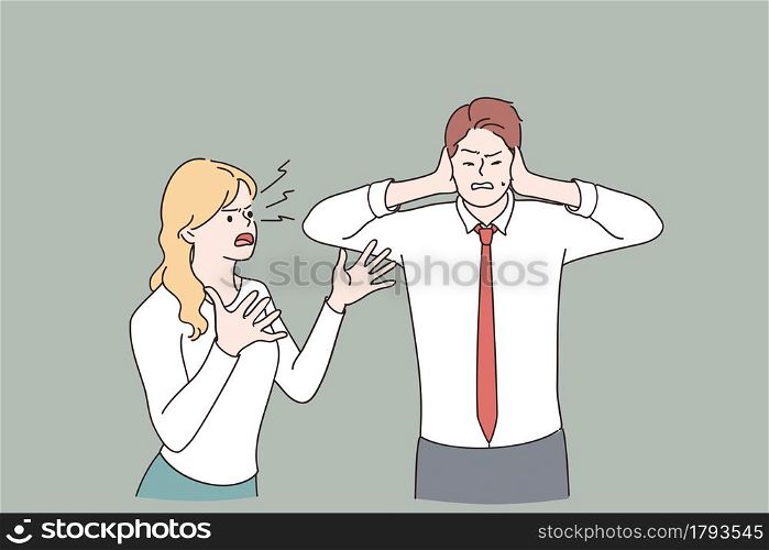 Scandal, fighting, problems in communication concept. Angry furious woman cartoon character standing shouting at man covering ears with hands vector illustration . Scandal, fighting, problems in communication concept