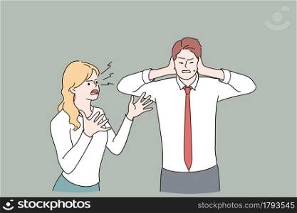 Scandal, fighting, problems in communication concept. Angry furious woman cartoon character standing shouting at man covering ears with hands vector illustration . Scandal, fighting, problems in communication concept