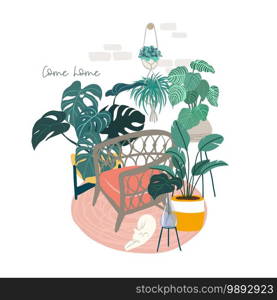 Scandi room interior with chair, plants and sleeping cat, hand drawn vector flat illustration