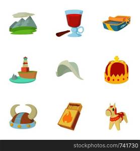 Scandinavia icons set. Cartoon set of 9 scandinavia vector icons for web isolated on white background. Scandinavia icons set, cartoon style