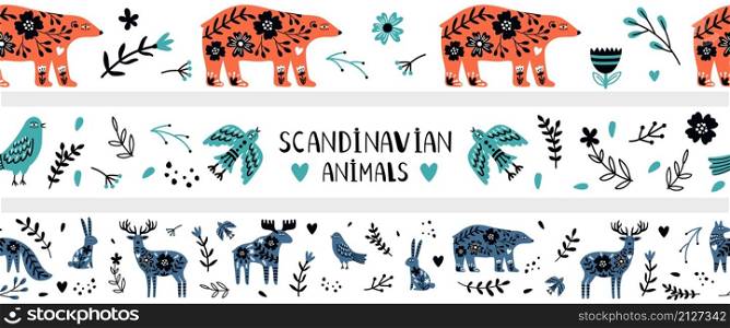Scandinavian banners. Nordic wild animals, doodle floral elements seamless pattern. Childish hipster modern decorative vector elements. Scandinavian banners seamless pattern