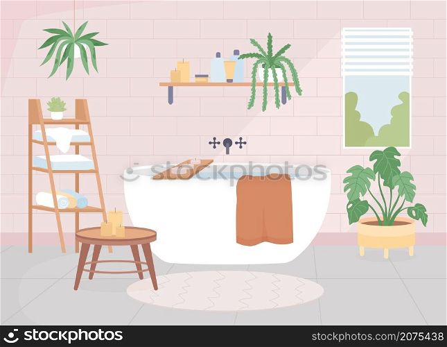 Scandinavian bathroom flat color vector illustration. Loft style apartment room. Comfortable bathroom. Washroom with bathtub. Nordic style 2D cartoon interior with furnishing on background. Scandinavian bathroom flat color vector illustration