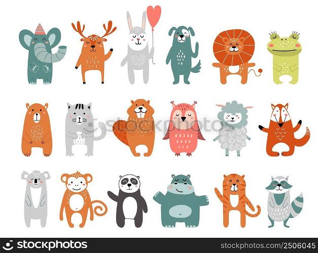 Scandinavian characters. Art african and forest animals. Piccolo lion, rabbit, frog and bear. Wild woodland animal. Nursery elements nordic style vector. Illustration of character animal fauna. Scandinavian characters. Art african and forest animals. Piccolo lion, rabbit, frog and bear. Wild woodland animal. Nursery elements nordic style classy vector clipart