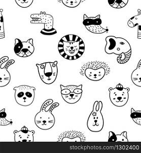 Scandinavian childish seamless pattern with cute animal faces on a white background. Can be used for wallpaper, wrapping, textile, fabric.
