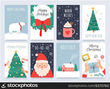 Scandinavian christmas cards. Cozy winter holiday, noel and new year celebrations with cute santa, polar bear and tree vector set. Illustration christmas greeting poster and card to winter holiday. Scandinavian christmas cards. Cozy winter holiday, noel and new year celebrations with cute santa, polar bear and tree decoration vector set