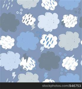 Scandinavian clouds seamless pattern. Hand drawn storm backdrop. Weather background. Simple style. Texture for wallpaper, background, scrapbook. Vector illustration