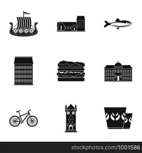 Scandinavian country icons set. Simple set of 9 scandinavian country vector icons for web isolated on white background. Scandinavian country icons set, simple style