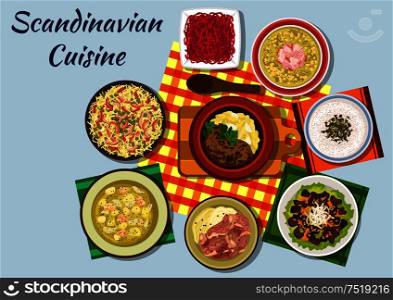 Scandinavian cuisine icon with norwegian beef stew, mushroom cream soup, pike roe sandwich and boiled lamb, dutch pasta and red cabbage salads, swedish salmon cream soup, liver salad and pork pea soup. Scandinavian cuisine traditional lunch dishes