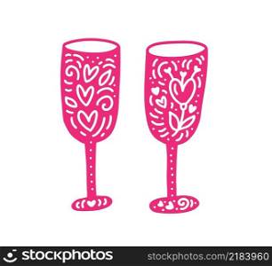 Scandinavian cute hand drawn two glasses with hearts in hygge style. flourish vector element for valentine day, wedding, romantic love greeting card, holiday.. Scandinavian cute hand drawn two glasses with hearts in hygge style. flourish vector element for valentine day, wedding, romantic love greeting card, holiday