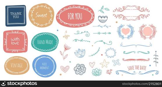 Scandinavian elements. Cute wedding, hand made labels. Doodle dividers, hearts and floral signs. Cards or invitation vector design. Illustration scandinavian element decoration, floral and flower. Scandinavian elements. Cute wedding, hand made labels. Doodle dividers, hearts and floral signs. Cards or invitation vector drawing design