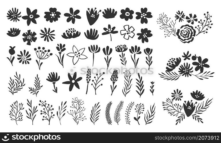Scandinavian flower elements. Scandi style doodle plants, leaves flowers and branches vector set. Illustration branch plant and flower silhouette. Scandinavian flower elements. Scandi style doodle plants, leaves flowers and branches vector set