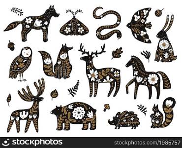 Scandinavian flowers animals. Folklore Nordic woodland elements. Fauna patterned totem templates. Black silhouette sketches with floral ornaments. Plant leaves. Vector isolated forest creatures set. Scandinavian flowers animals. Folklore Nordic woodland elements. Fauna patterned totem templates. Black silhouettes with floral ornaments. Plant leaves. Vector forest creatures set