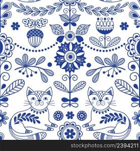 Scandinavian folk seamless pattern. Blue folklore border, swedish ornament design. Nordic rustic art. Cat and flowers, vector background. Illustration of seamless texture scandinavian fabric. Scandinavian folk seamless pattern. Blue folklore border, swedish ornament design. Nordic rustic art style print. Cat and flowers, decorative nowaday vector background
