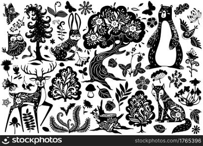 Scandinavian forest elements. Nordic scandi style deer, hare and bear, owl and fox, bird and oak tree, mushroom and leaves, fern vector set. Plants and animals with ornament, flora and fauna. Scandinavian forest elements. Nordic scandi style deer, hare and bear, owl and fox, bird and oak tree, mushroom and leaves, fern vector set