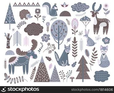 Scandinavian forest. Fashion nordic graphic, cute animals floral elements. Baby swedish modern tree leaves branch deer wolf decent vector set. Scandinavian forest with rabbit and fox drawn. Scandinavian forest. Fashion nordic graphic, cute animals floral elements. Baby swedish modern tree leaves branch deer wolf decent vector set