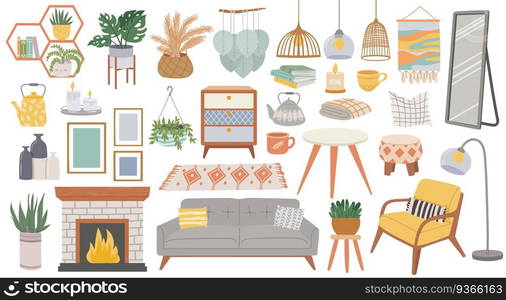 Scandinavian furniture. Cozy home furnishing for living room. Hygge style plants, l&, armchair, pillow and sofa. Boho interior vector set with kettle, books, fireplace and paintings. Scandinavian furniture. Cozy home furnishing for living room. Hygge style plants, l&, armchair, pillow and sofa. Boho interior vector set