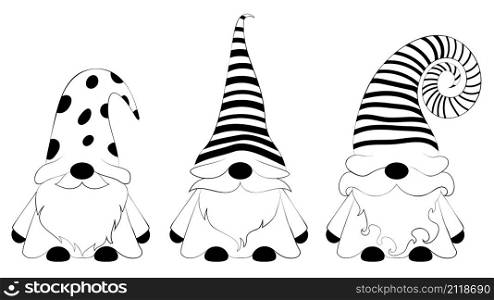 Scandinavian gnome, cartoon Christmas fantasy character illustration in black and white.