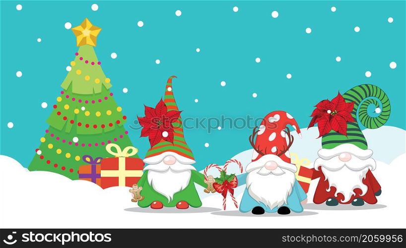 Scandinavian gnome, cartoon fantasy character and Christmas tree, colorful greeting card illustration.