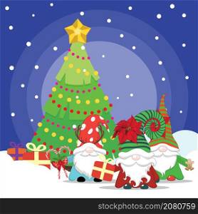 Scandinavian gnome, cartoon fantasy character and Christmas tree, colorful greeting card illustration.