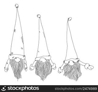 Scandinavian gnome with hat and big beard, line stock illustration.