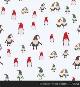 Scandinavian gnomes seamless pattern. Beautiful festive design with elves decorations. For wrapping paper, textiles, fabric. Flat cartoon style vector illustration.. Scandinavian gnomes seamless pattern.