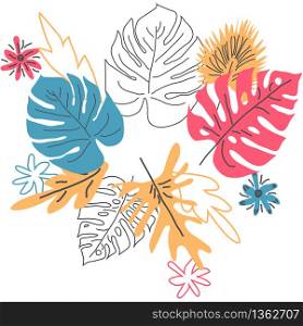 Scandinavian hand drawn nature illustration wedding or travel design. summer isolated flat flower bouquet tropical palm monstera