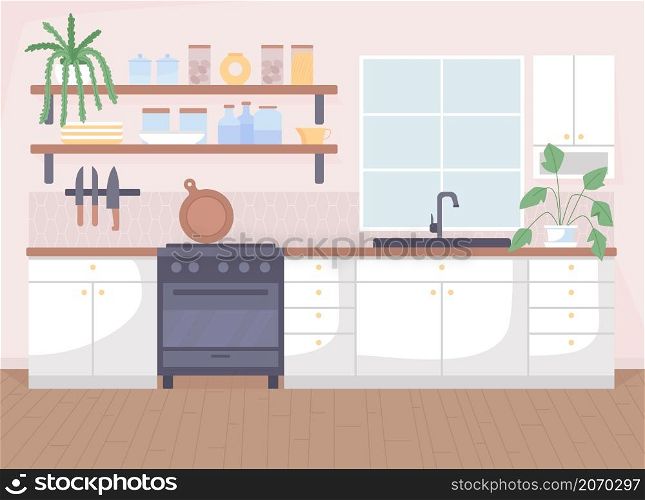 Scandinavian kitchen flat color vector illustration. Counters with appliance. Danish household in comfortable apartment. Nordic style 2D cartoon interior with furnishing on background. Scandinavian kitchen flat color vector illustration