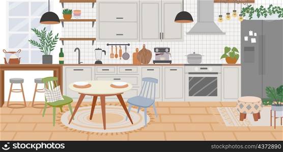 Scandinavian kitchen interior, cooking cabinets and dining table. Home cook room with furniture and fridge. Cozy kitchen vector background. Illustration of kitchen scandinavian interior. Scandinavian kitchen interior, cooking cabinets and dining table. Home cook room with furniture and fridge. Cozy kitchen vector background
