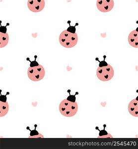Scandinavian Ladybug pattern, vector seamless wrapping paper or cute baby design. Ladybird decorative fabric with funny insects on white background. Cartoon kids wallpaper, textile ornament repeat ladybug texture.. Scandinavian Ladybug and hearts vector seamless pattern wrapping paper or cute baby design. Ladybird decorative fabric with funny insects on white background. Cartoon kids wallpaper, textile ornament repeat ladybug texture