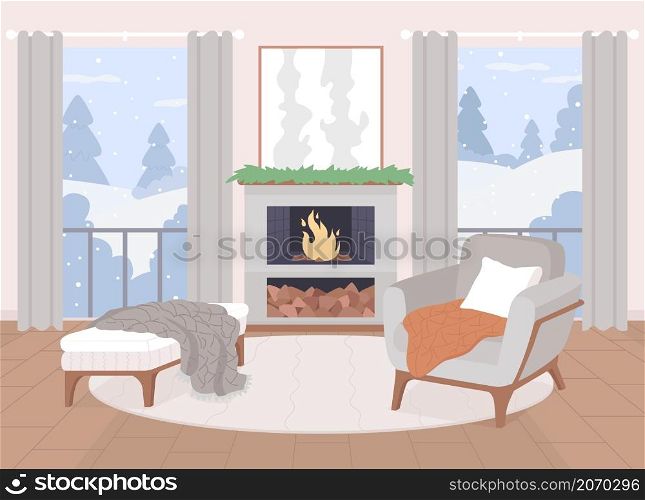 Scandinavian living room flat color vector illustration. Fireplace for warmth at comfortable home. Winter outside in windows. Nordic style 2D cartoon interior with furnishing on background. Scandinavian living room flat color vector illustrations