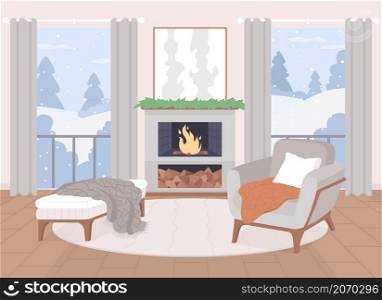 Scandinavian living room flat color vector illustration. Fireplace for warmth at comfortable home. Winter outside in windows. Nordic style 2D cartoon interior with furnishing on background. Scandinavian living room flat color vector illustrations