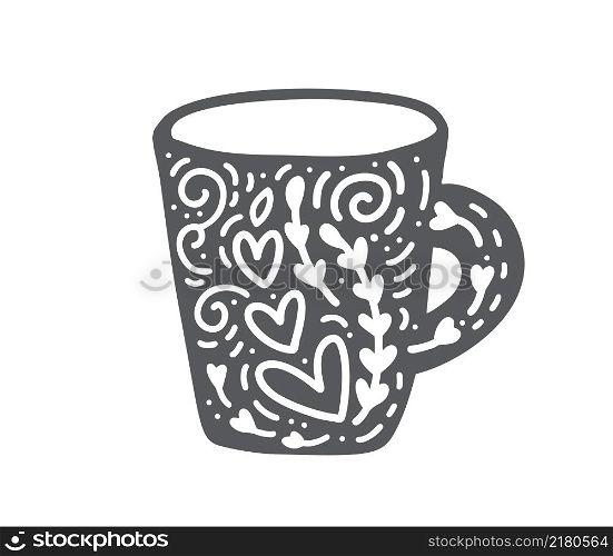 Scandinavian modern cup with flowers and blossom in hygge style. flourish vector mug element with hearts for valentine day, romantic love greeting card, holiday.. Scandinavian modern cup with flowers and blossom in hygge style. flourish vector mug element with hearts for valentine day, romantic love greeting card, holiday