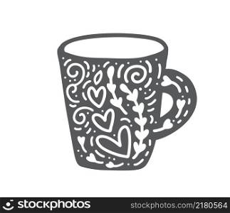 Scandinavian modern cup with flowers and blossom in hygge style. flourish vector mug element with hearts for valentine day, romantic love greeting card, holiday.. Scandinavian modern cup with flowers and blossom in hygge style. flourish vector mug element with hearts for valentine day, romantic love greeting card, holiday