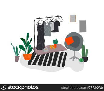 Scandinavian or Nordic style living room interior. Hand drawing. Wardrobe in scandinavian, style cozy interior with homeplants. Cartoon vector. Scandinavian or Nordic style living room interior. Hand drawing. Wardrobe in scandinavian, style cozy interior with homeplants. Cartoon