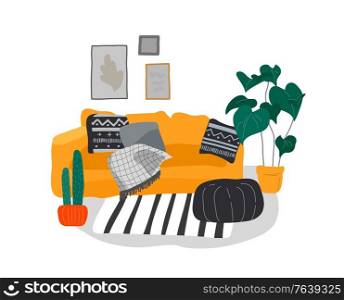 Scandinavian or Nordic style living room interior. Hand drawing Scandinavian style cozy interior with homeplants. Cartoon vector illustration.. Girl girl sitting and resting on the couch with a cat and coffee. Daily life and everyday routine scene by young woman in scandinavian style cozy interior with homeplants. Cartoon vector