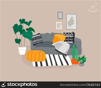 Scandinavian or Nordic style living room interior. Hand drawing Scandinavian style cozy interior with homeplants. Cartoon vector illustration.. Girl girl sitting and resting on the couch with a cat and coffee. Daily life and everyday routine scene by young woman in scandinavian style cozy interior with homeplants. Cartoon vector