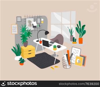 Scandinavian or Scandinavian style interior. Hand drawing style home office. Cozy interior with home plants. Cartoon vector. Scandinavian or Scandinavian style interior. Hand drawing style home office. Cozy interior with home plants. Cartoon