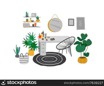 Scandinavian or Scandinavian style interior with a mirror and a cosmetic table. Cozy interior with home plants. Hand drawing cartoon vector illustration.. Scandinavian or Scandinavian style interior with a mirror and a cosmetic table. Cozy interior with home plants. Hand drawing cartoon vector