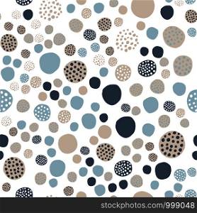 Scandinavian polka dot seamless pattern on white background. Random geometric pebble wallpaper. Simple stones backdrop. Design for fabric, wrapping paper. Vector illustration. Scandinavian polka dot seamless pattern on white background.