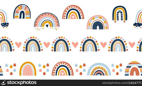 Scandinavian rainbow seamless borders. Cute rainbows, colorful rain and hearts. Childish vector pattern scandinavian doodle, rainbow pattern decorative. Scandinavian rainbow seamless borders. Cute rainbows, colorful rain and hearts. Childish vector pattern