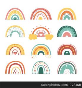 Scandinavian rainbows. Color rainbow stripes, different abstract kids art. Modern nursery baby stickers, simple classy vector elements. Scandinavian rainbow pattern collection elements illustration. Scandinavian rainbows. Color rainbow stripes, different abstract kids art. Modern nursery baby stickers, cute boho simple classy vector elements