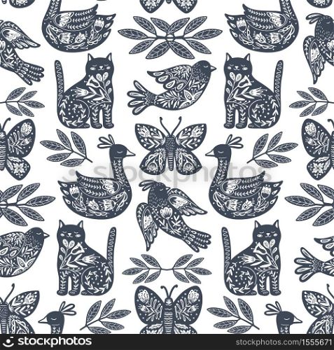 Scandinavian seamless folk art pattern in Nordic design. Retro floral background inspired by Swedish and Norwegian traditional folk embroidery