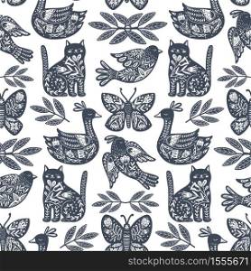Scandinavian seamless folk art pattern in Nordic design. Retro floral background inspired by Swedish and Norwegian traditional folk embroidery